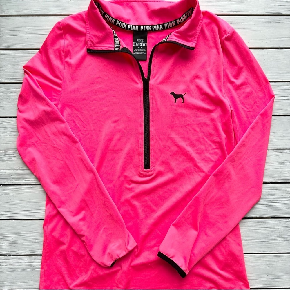 VS PINK Ultimate Quarter Zip Long Sleeve Shirt Neon Pink size Small